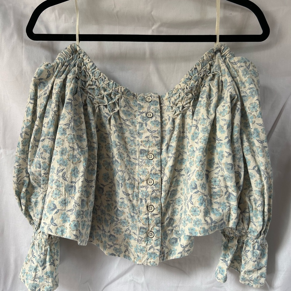 Free People Light Blue + White Crop Blouse with Puff Sleeves and Smocked Neck